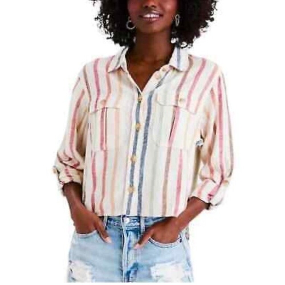 American Eagle Outfitters Striped Button Down Shirt - Pink, Blue, Cream